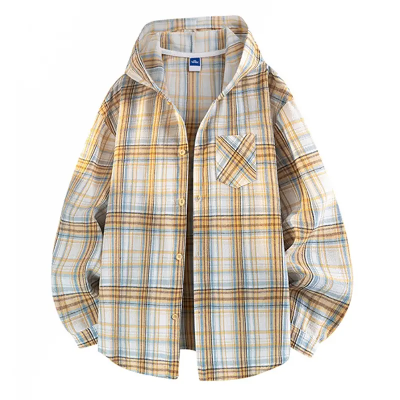 Unisex Spring Autumn Hooded Plaid Long Sleeve Shirt, Retro Yellow Blue Color Block Oversized Loose Casual Couple Top, High Street Daily Commute Outerwear
