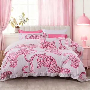5-Piece Pink Leopard Print Duvet Cover Set, with Barbie Pink Satin Pillowcases (No Inserts/Fillers), Soft & Comfortable Fabric, Ideal for Women's Bedrooms/Hotels/Dormitories, Perfect Birthday Gift, Comfy Bed Sets