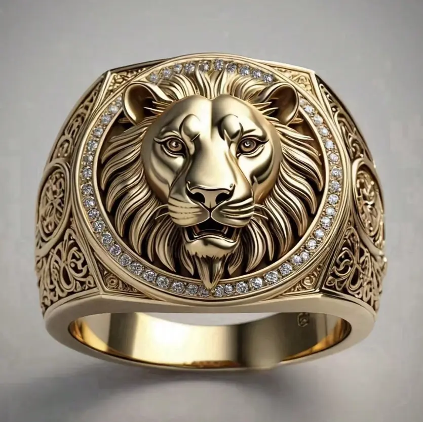 Men’s Punk Copper Ring – Lion Skull Tree Signet Style