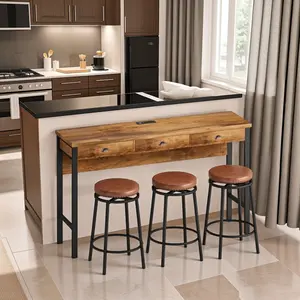 3-Drawer Long Dining Table Set with Power Outlets, Bar Kitchen Table Set with Circular PU Stools, Easy Assemble,Brown(High end and high-quality)