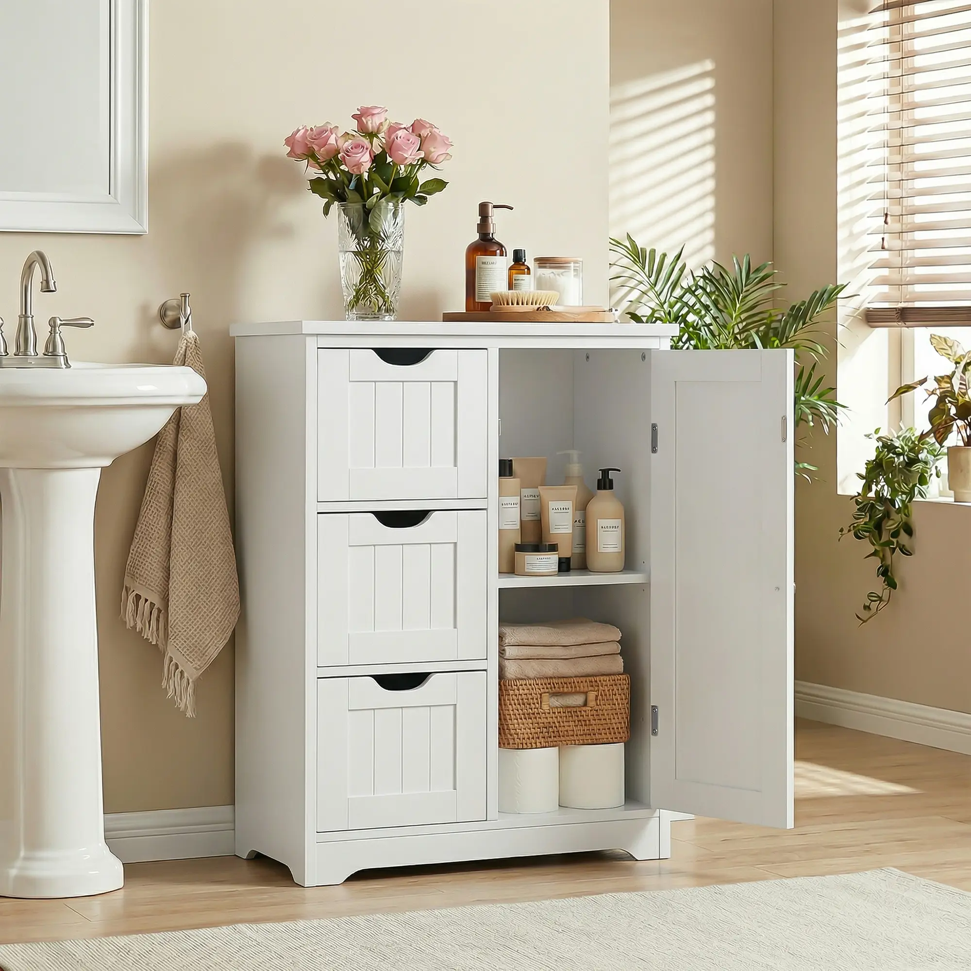 SuperDealUsa Humidity-Proof Moisture-MDF Rectangular Bathroom Storage Cabinet - 3 Drawers, 1 Shelf, Compact, Clean Look, Easy-Setup Indoor Cupboard for Towels, Toiletries, Modern Furniture