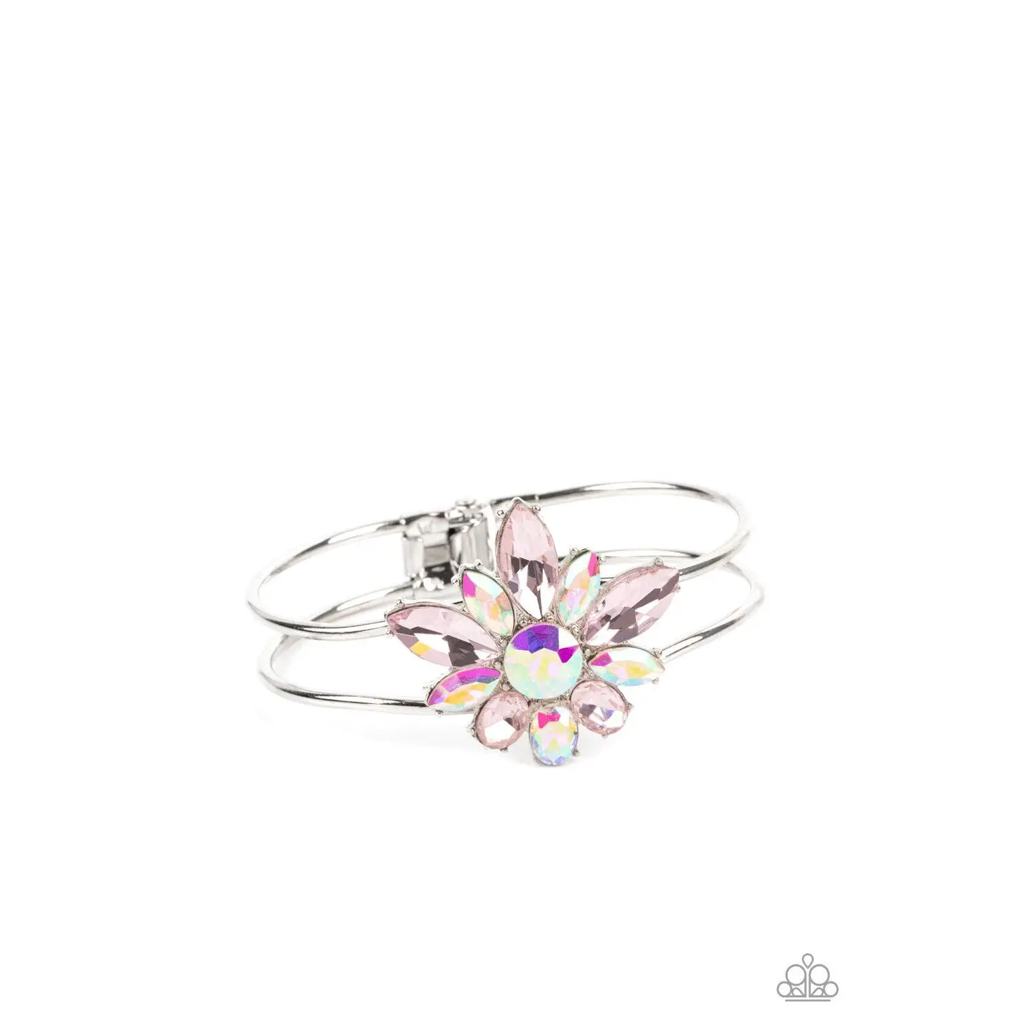 Chic Corsage - Multi Iridescent and Pink Gem Flower Silver Hinged Bracelet - Paparazzi Life of the Party February 2023