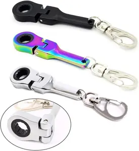 Keychain for 10mm Ratchet Wrench Mini Shaped JDM Metal Racing (Neo Chrome Plating/Black/Silver) Flex Head Spanner For 10mm Car screw Key Chain Ring Keyring Adjustable Wrench Tools Specific 72-Tooth Mechanic Gift 180 degree Telescoping Head Hardware Tool