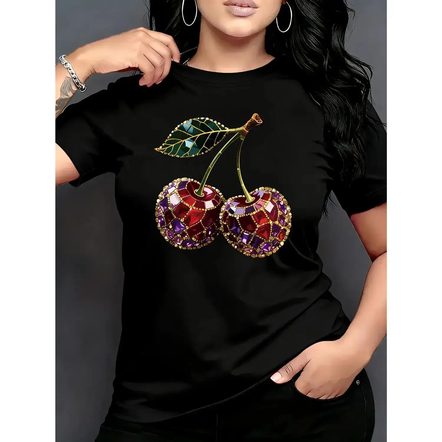 Casual Women's T-Shirt with Sweet Cherry Graphic, Soft Cotton Short Sleeve Crew Neck Top for Daily Streetwear, Shortsleeve, Tshirt, Cherry Print, Round Neck