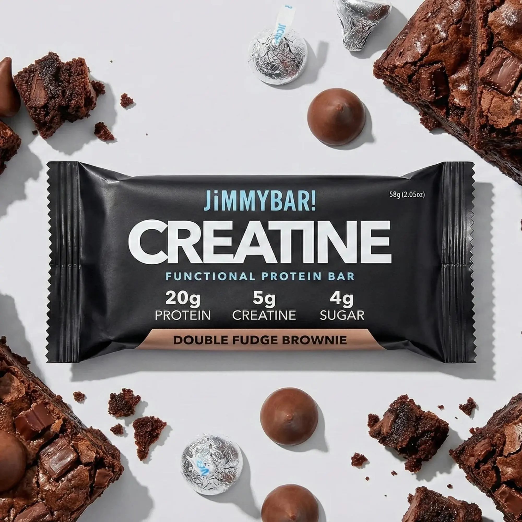 JiMMYBAR! Double Fudge Brownie Creatine Protein Bar - 20g Protein 5g Creatine - Gluten-Free 12 & 24 Count Box - Tasty Healthy Treat with Natural Ingredients - Snack - Homemade Peanut Butter Base, Healthy Protein Snack, Protein Packed Snack,summerwins