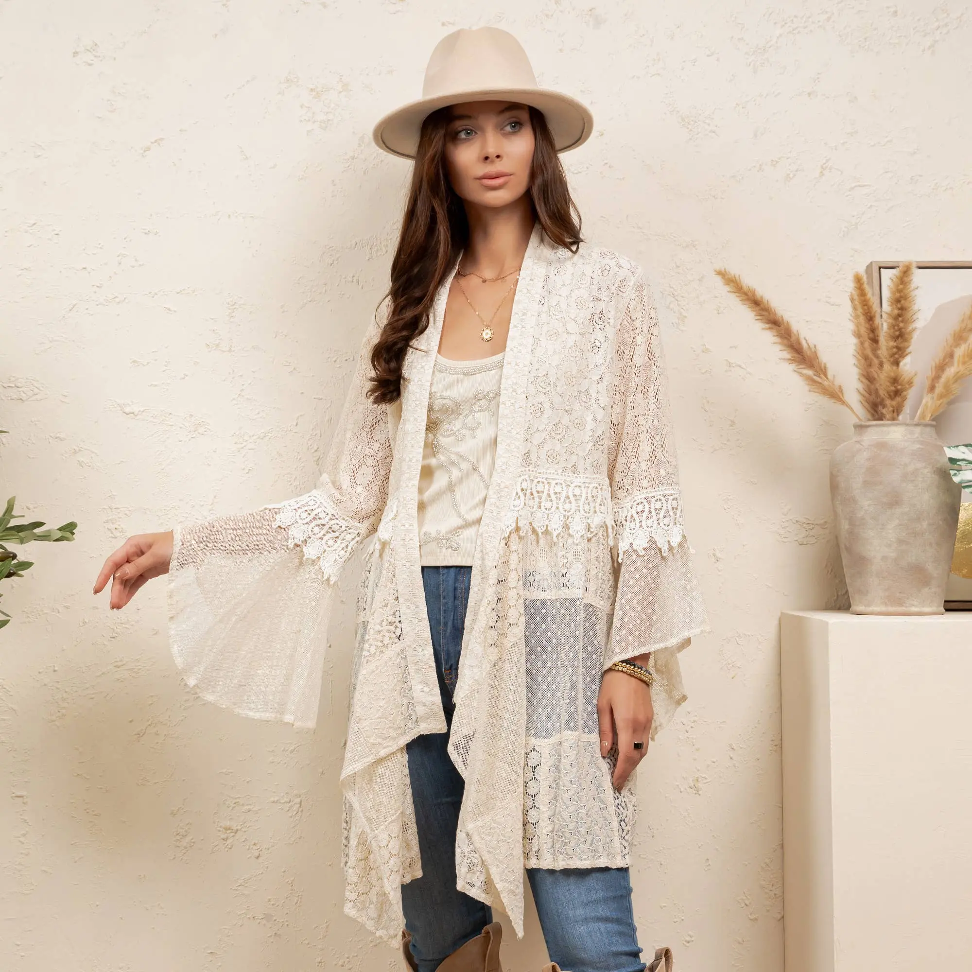 Western Boho Chic Motif Embroidered Denim Long Shrug