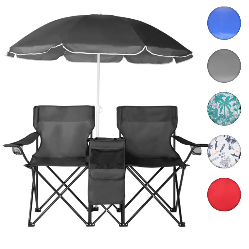2-Person Size Black Foldable Outdoor Patio Camping Chair - Double Seat, Adjustable, Collapsible, Portable Sunlounger with Removable Sun Umbrella, Side Pocket, Cup Holder, Cooling Cooler, Carry Bag for Pool Time, Picnic, Includes Cooler