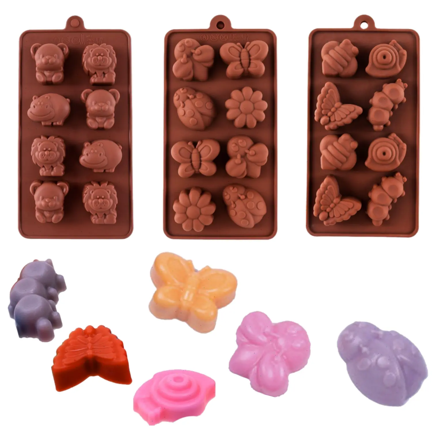 3-Pack Flexible Silicone Kitchen Baking Molds - 7.56'' x 4.17'' x 0.78'' Forest Theme Animal & Flower Shapes (Bear,Lion,Hippo,Insect,Butterfly), Anti-Adhesive Pan Chocolate & Sweet Moulds for Holiday Baking,Crafting,Candy & Fondant Fit