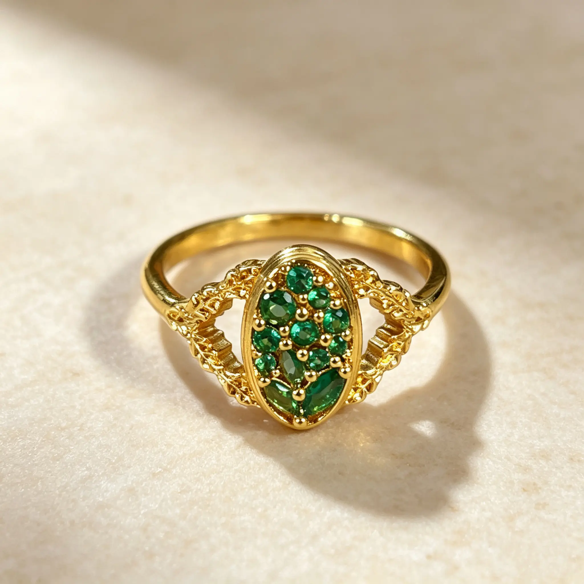 14K Gold Plated Copper Ladies Ring Multi Green Synthetic Zircon Cluster Ring Open Decorative Shank Daily Party Fashion Jewelry