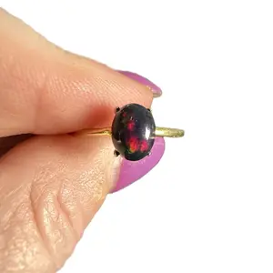 Black Opal gold plated S925 silver adjustable ring