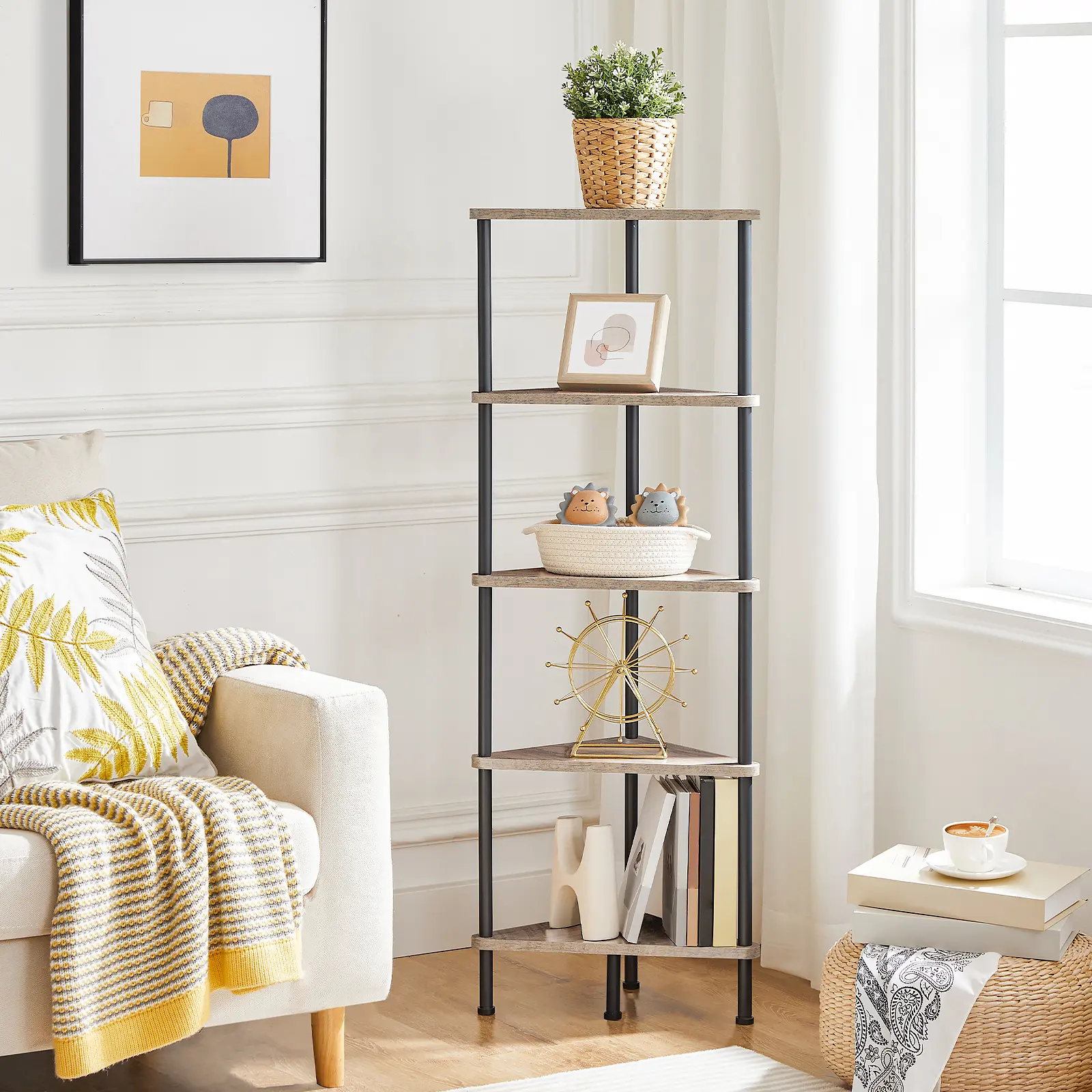 HOOBRO Corner Shelf Stand, Industrial 5-Tier Corner Bookshelf with Metal Frame, Corner Shelf Stand Display Plant Flower, Corner Bookcase for Small Spaces, Living Room, Greige and Black #SummerVibes