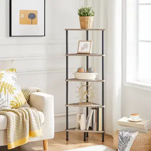 HOOBRO Corner Shelf Stand, Industrial 5-Tier Corner Bookshelf with Metal Frame, Corner Shelf Stand Display Plant Flower, Corner Bookcase for Small Spaces, Living Room, Greige and Black #SummerVibes