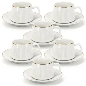 6-Piece Vertical Ribbed Lead-Free Ceramic Coffee Cups Set, 100ml Beverage Drinkware with Gold Line & Handle, Dishwasher & Microwave Safe, Ideal for Latte, Gift Set