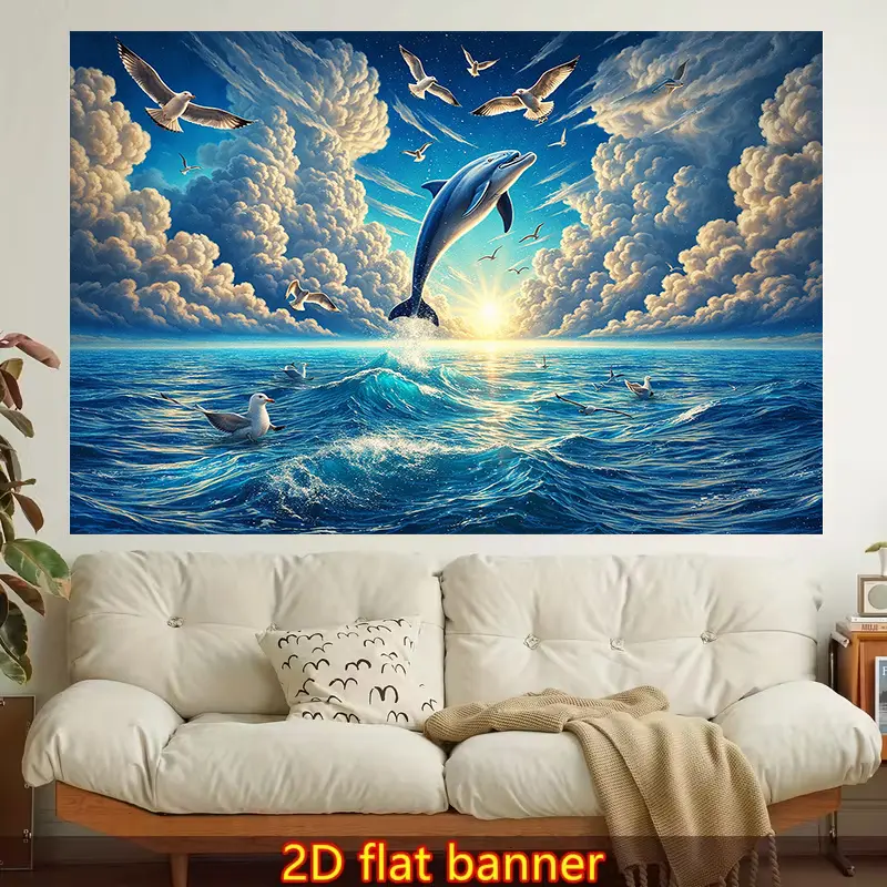 2D Flat - 2D Flat - A Single Stylish 2D Flat Printed Wall Tapestry Featuring a Jumping Dolphin, Ocean Scenery, And Seagulls.Perfect for Decorating a Living Room Or Dormitory