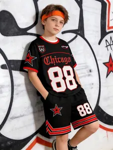Boys' Chicago 88 Number Short Sleeve Set, American Basketball Style, Two-Piece Sports, Casual Loose-Fitting T-Shirt, Sporty Tee Set, Sportswear Set, Sports Outfits