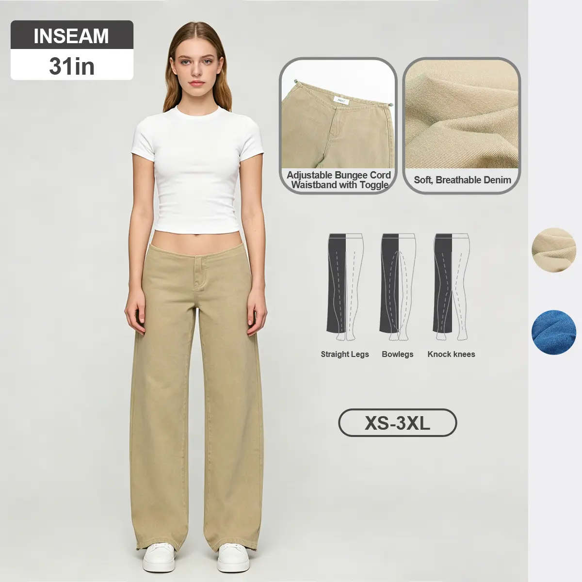 Pwest NYC Low-Rise Wide-Leg Jeans — Adjustable Drawstring Waistband/Hem, Relaxed Straight Cut, Decade Jeans, Super Low Rise, Soft Daily Wear-Spring Summer Bottom Trouser