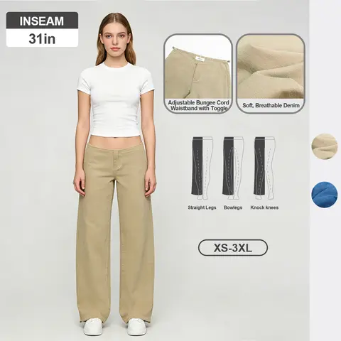 Pwest NYC Women's Low-Rise Wide-Leg Soft Denim Jeans - Adjustable Drawstring Waistband & Hem, Relaxed Straight Cut, Decade Style, Female Women's Fashion Spring Summer Sports Bottoms Trouser
