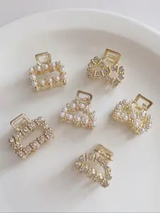 Elegant Faux Pearl & Rhinestone Decorated Hair Claws, Exquisite Trendy Mini Hair Claws, Metal Claw Clips for Women & Girls, Fashionable Hair Accessories for Party, Daily Decor, Hair Clip Set