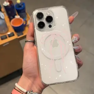 Pink Bow Ribbon Magnetic Phone Case for iPhone 11–16 Pro Max | Transparent, Protective, Stylish Cover, Perfect Gift for Women & Everyday Use