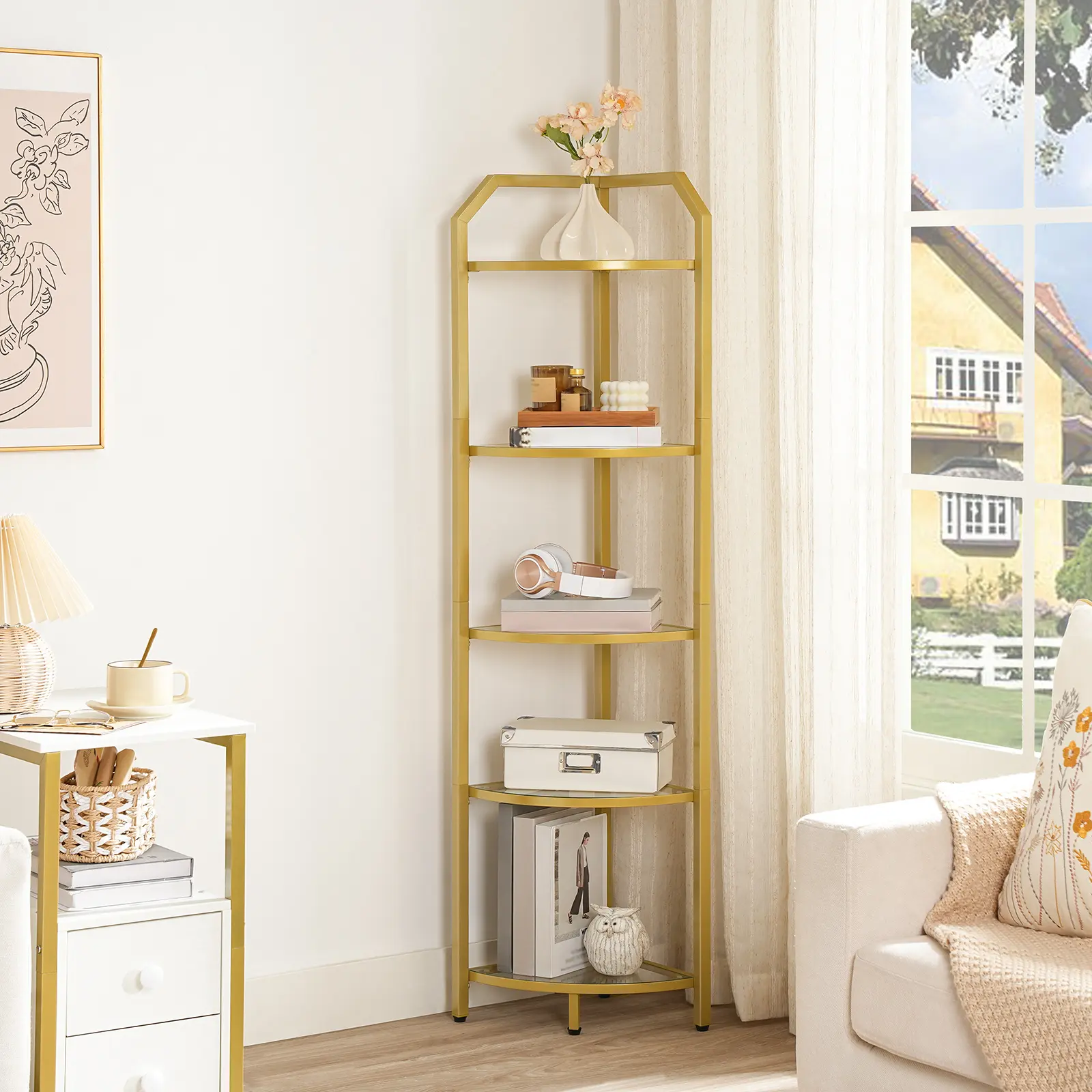 HOOBRO 5-Tier Corner Shelf Stand, Gold Corner Bookshelf, Tempered Glass Shelves, Bathroom Organizer, Corner Plant Stand, for Living Room, Study, Balcony, Home Office, Modern Style, Gold #SummerVibes
