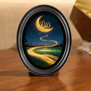 1 PC Ramadan Decoration Islamic Photo Frame, 5x7 Inch Oval Wooden Art with Eid Mubarak Print, Home & Office Desk Decor for Eid Gift