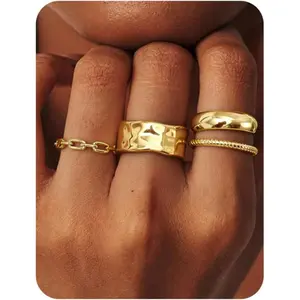 4 PCS Chunky Stackable Rings for Women Non Tarnish 16K Gold Plated Rings Dainty Knuckle Thumb Ring Set Trendy Cute Statement Wedding Promise Engagement Ban