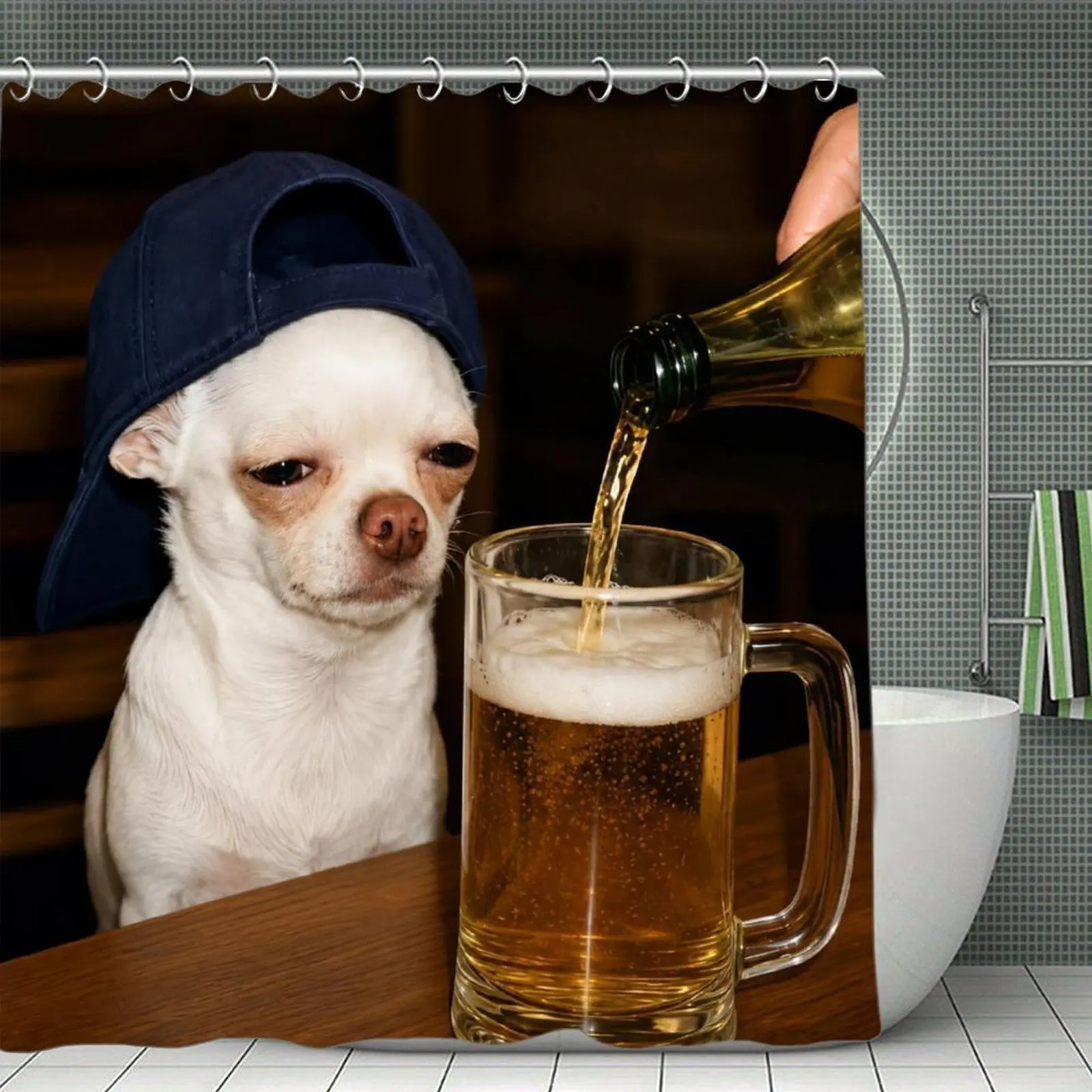 Chihuahua With Cap Waiting For Beer Pour Print Waterproof Shower Curtain, Funny Pet Bar Bathroom Decor