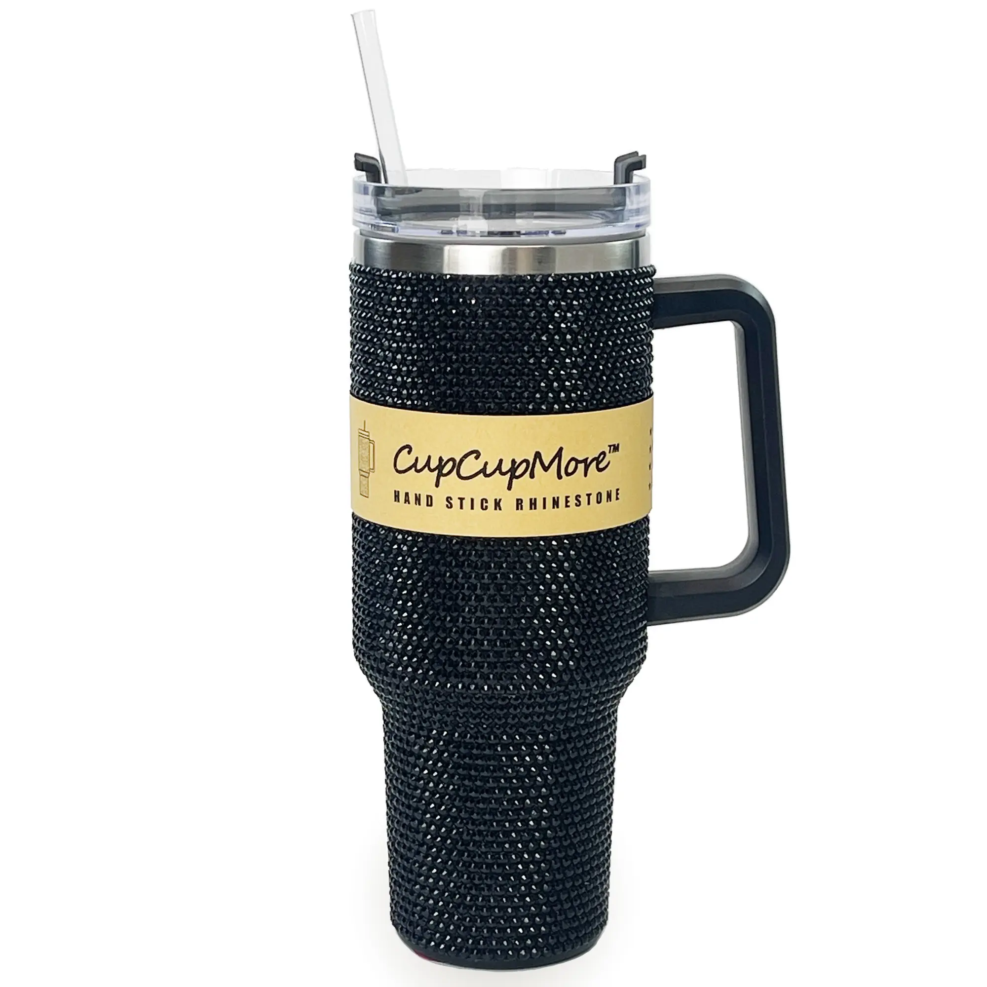 Cupcupmore 40 oz Black Bling Rhinestone Stainless Steel Sippy Tumbler - Portable Vacuum Insulated Flask Drinkware with Straw, Lid, Handle, Sparkle Car Cup Holder, Keeps Beverages Cold 12 Hours for Coffee