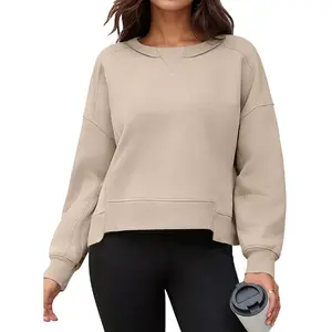 ATHLECHIC Women's Crewneck Fleece Oversized Fashion Fall Outfits Pullover Hoodless Tops Cropped Sweatshirt Medium Khaki
