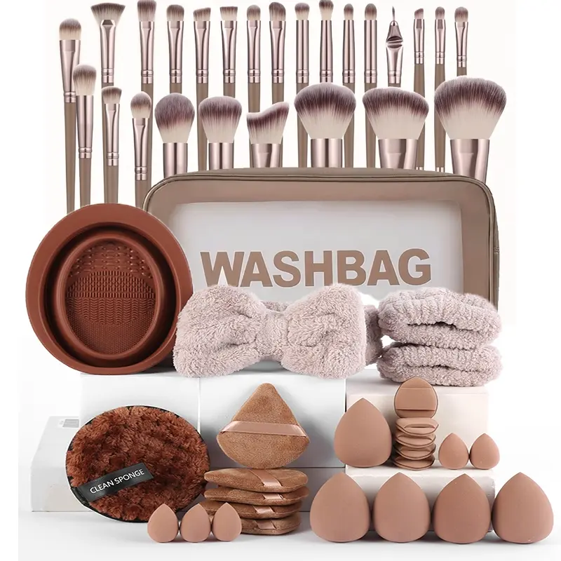 Ideal Makeup Tool Set, 54 Pieces (Including Makeup Brushes, Sponges, Puffs, Headband, Brush Cleaning Bowl + Washbag), Multi-purpose Daily Makeup & Cleaning Accessories Set, Makeup Brush Organizer
