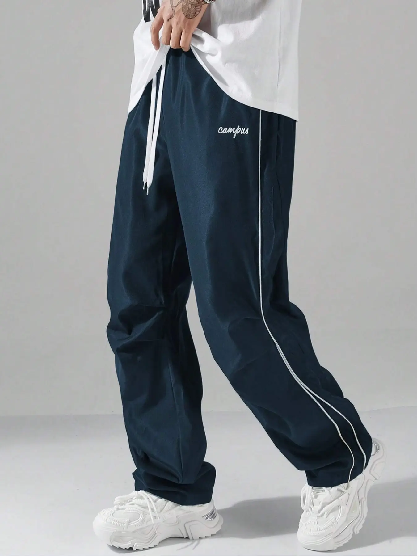 Trendy Men's Letter Print Joggers, Casual Fitted Straight Leg Pants with Drawstring and Side Stripes, Comfortable Outdoor Wear