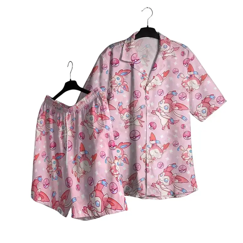 Cute Fairy Evolution PKM Hawaiian Shirt Anime Summer Beachwear For All Ages Matching Family Outfits Pastel Magic Graphic Pattern Short Sleeve Button Down Top Sweet Tropical Vacation Blouse Lightweight Breathable Camp Clothes Aloha Gifts Men Women Kids