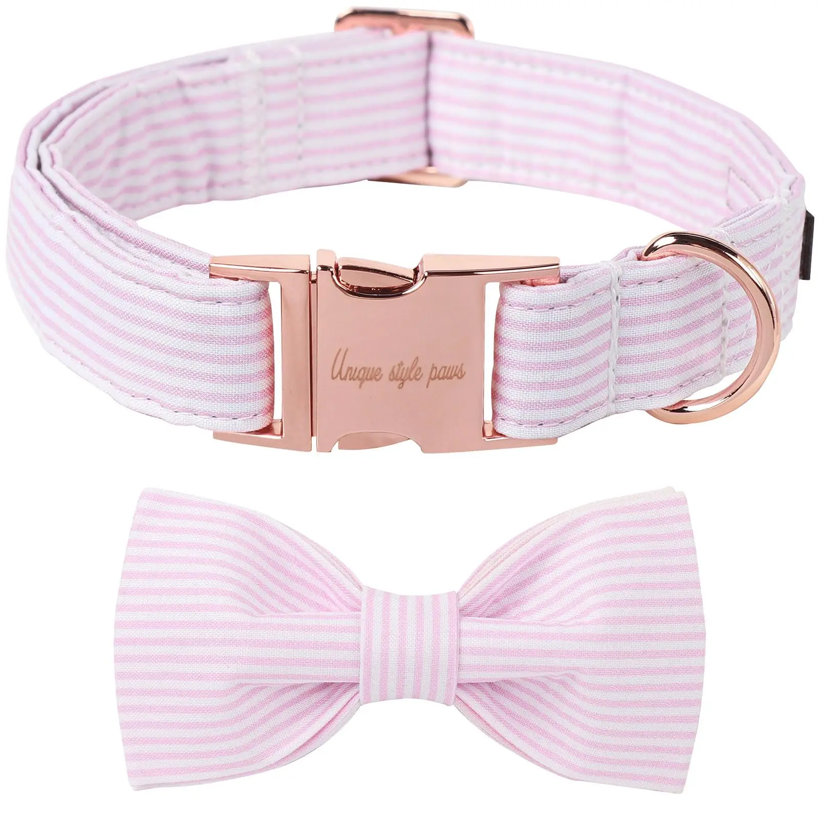 Pink Striped Paws Cotton Dog Collar for XXS/S Dogs - Non-Customized, Adjustable, Chew Resistant, Stain Resistant, 3.25" Removable Bow, 3/8"-1" & 3/8" Widths, 7"-11" Length, Soft, Comfy, Skin Safe Pet Gift Option, Unique Style, Collars
