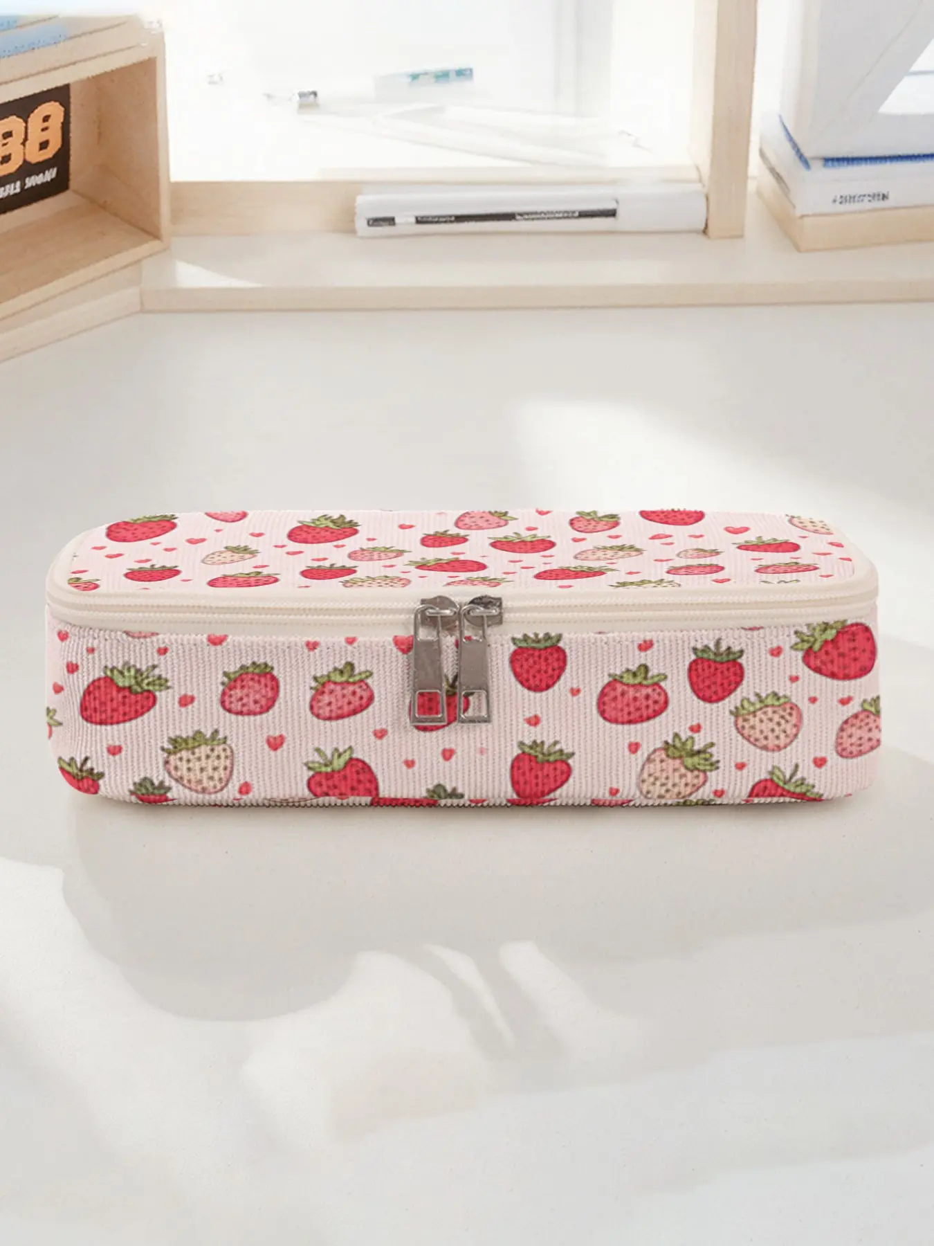 Strawberry Pattern Large Capacity Pencil Case, Durable Multi-Functional Storage Bag, Portable Zipper Box for School Office Supplies