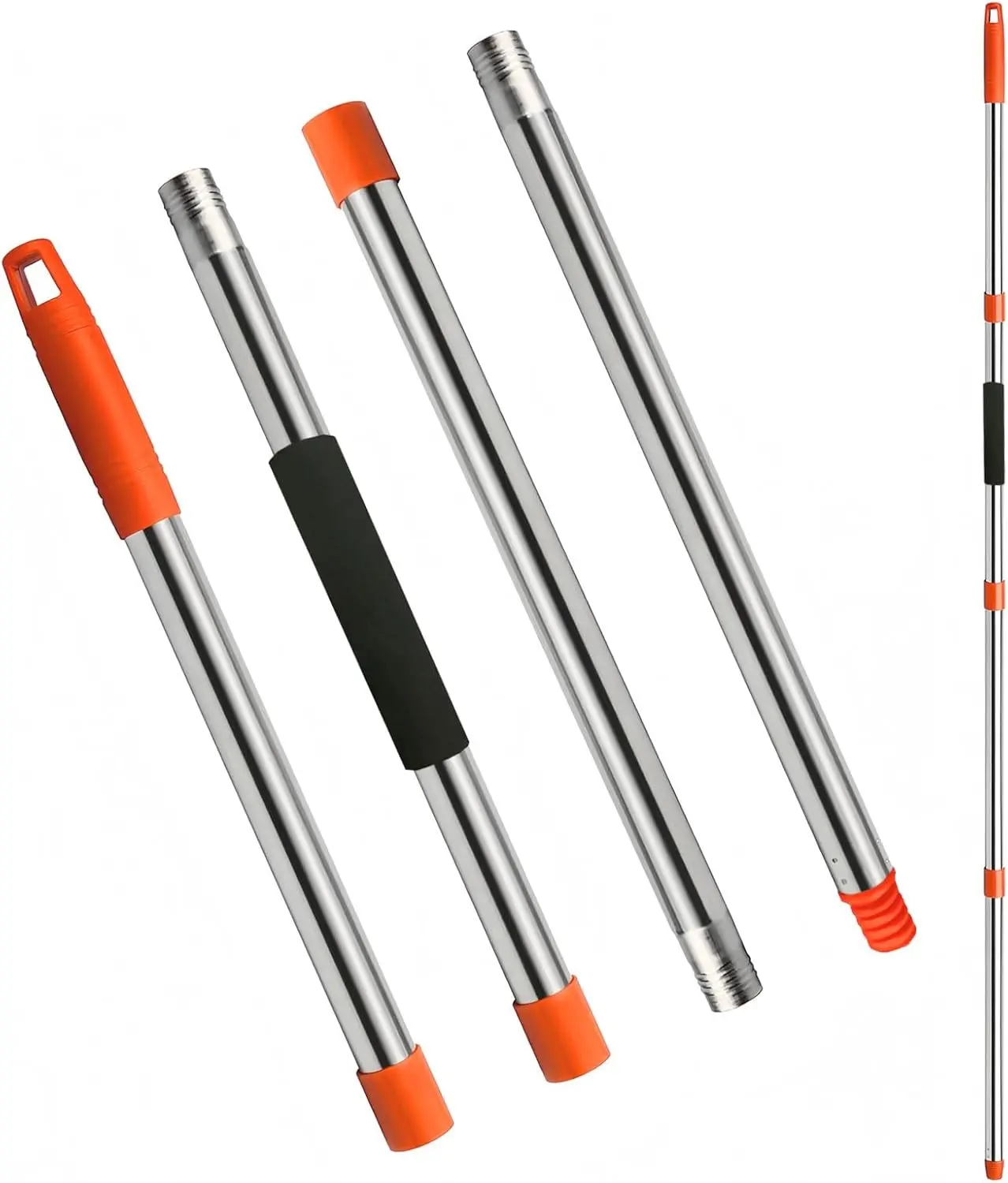 Mop Handle Replacement - 4-Section Adjustable from 30" to 58" - Durable Stainless Steel Mop Pole with American Thread Joint for Spin Mops & Brooms (Orange)