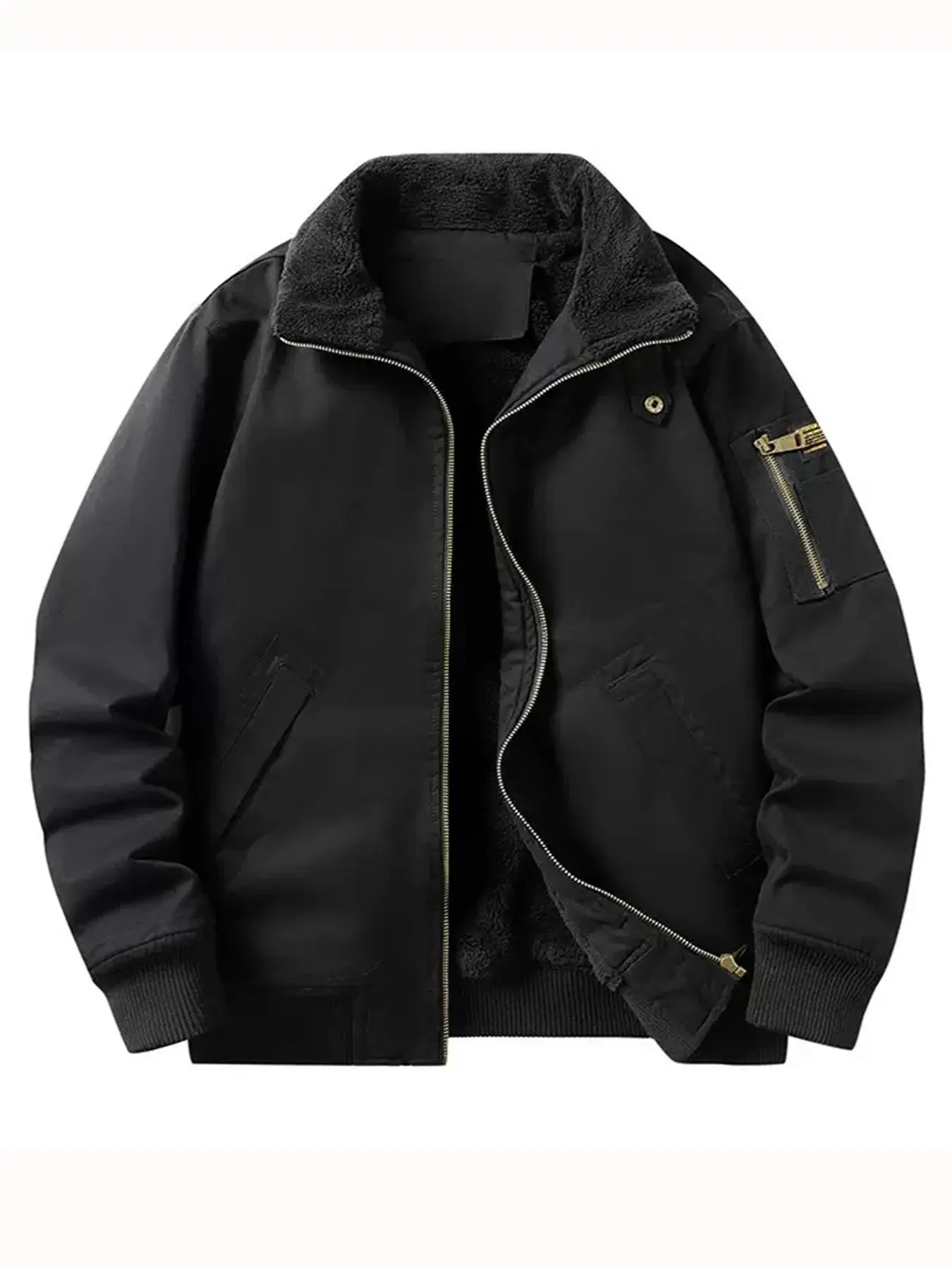 Men's Classic Sherpa Collar Pilot Jacket, Flight Coat, Warm Winter Zipper Outerwear with Sleeve Pockets, Urban Street Style