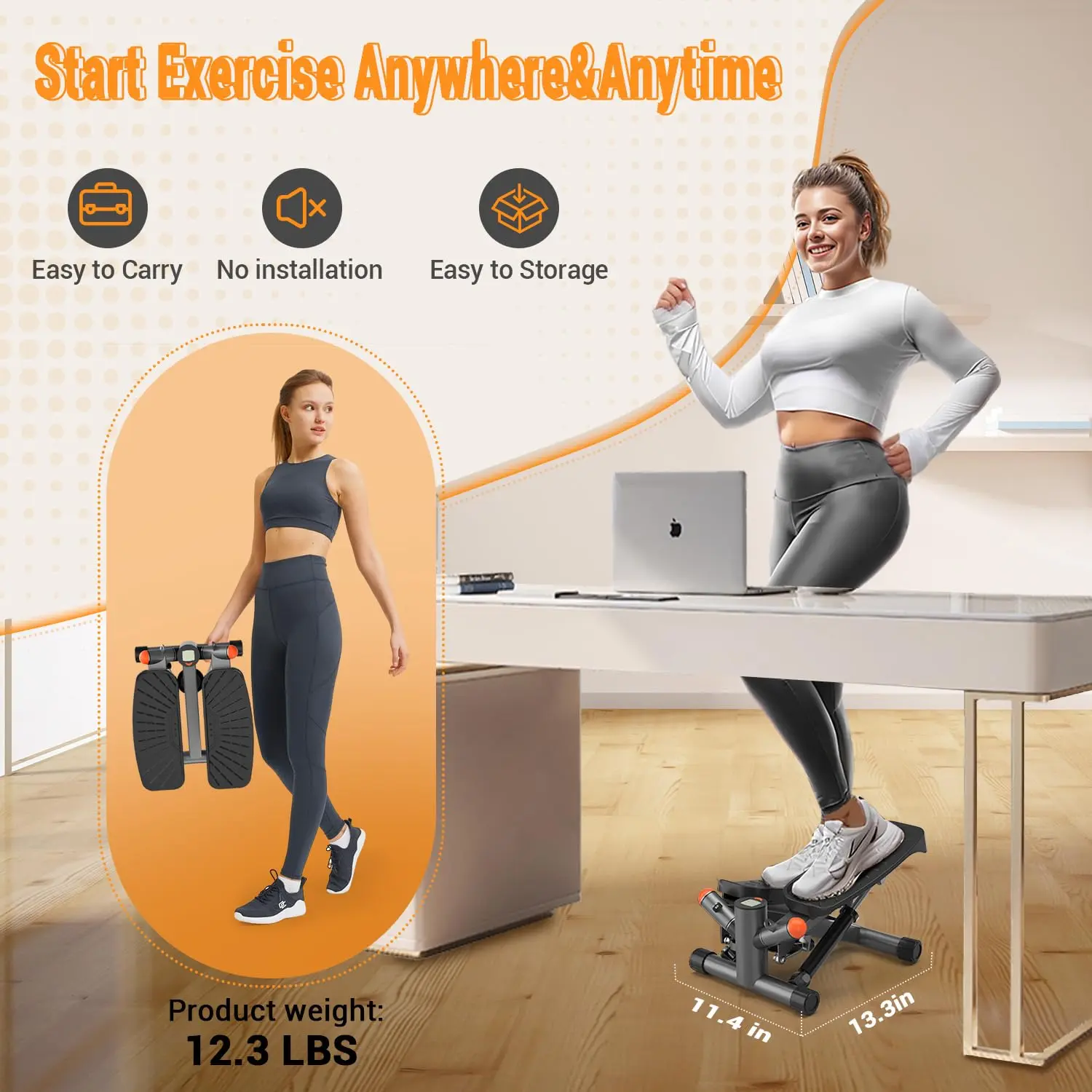 kuxi Steppers for Exercise at Home, Adjustable Height Mini Stair Stepper with Resistance Bands,Twist Stepper with 350lbs Loading Capacity, Exercise Equipment for Full Body Workout(Free Mat)