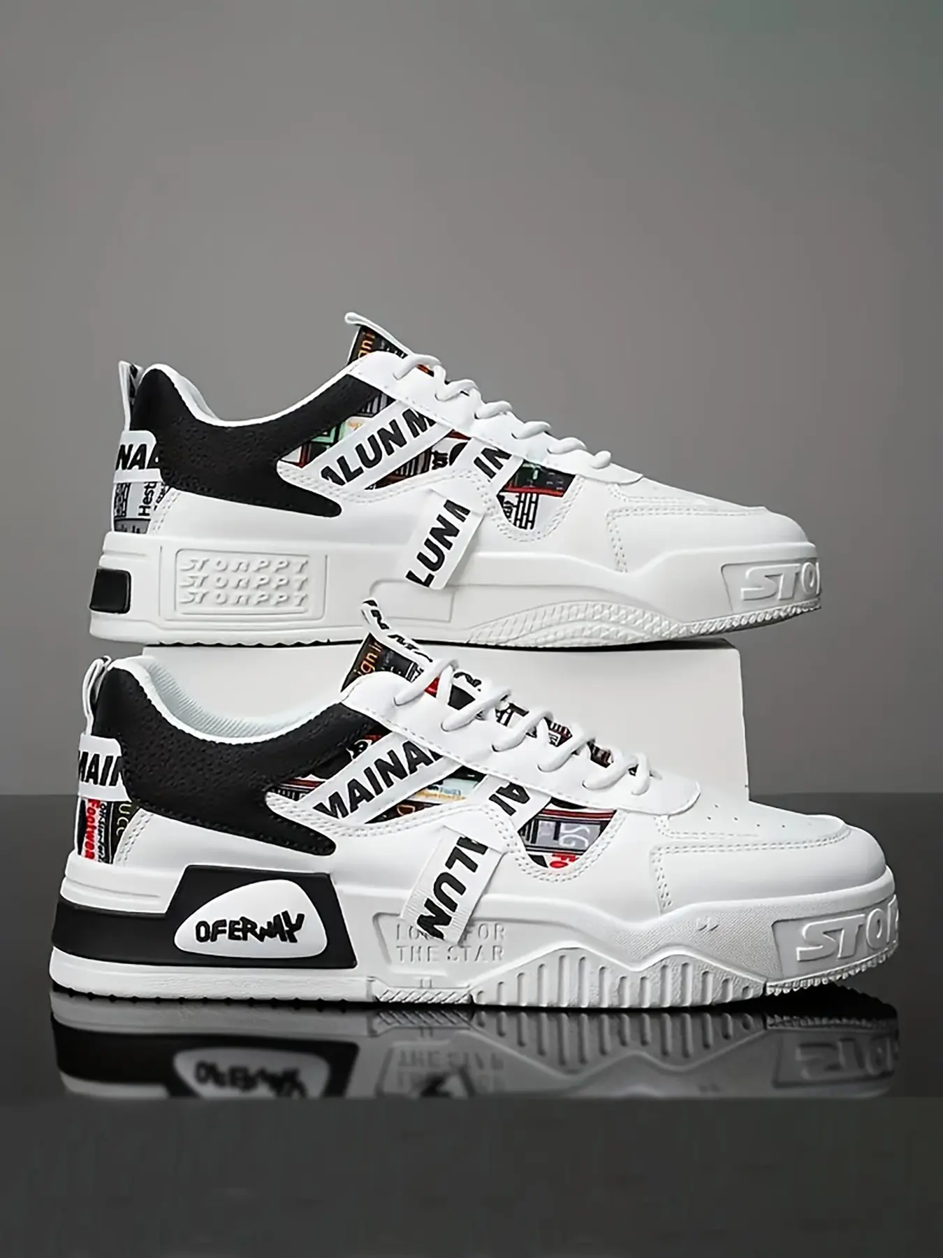 Men's Fashion Comfortable Casual Skateboarding Shoes, Skater Shoes, Trending Shoes, Low Top Breathable PU Leather, Pattern Design, All Season Outdoor Sports