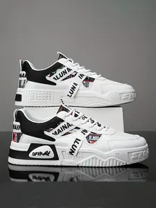 Men's Fashion Comfortable Casual Skateboarding Shoes, Low Top Breathable PU Leather, Pattern Design, All Season Outdoor Sports, Trending Shoes