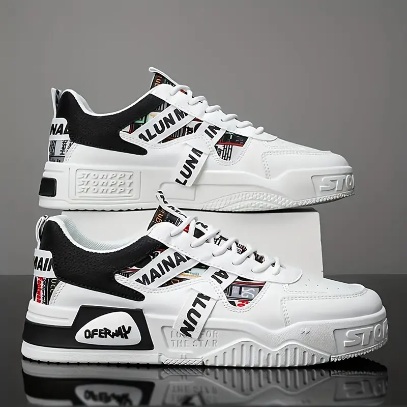 Men's Fashion Comfortable Casual Skateboarding Shoes, Trending Shoes, Skater Shoes, Low Top Breathable PU Leather, Pattern Design, All Season Outdoor Sports