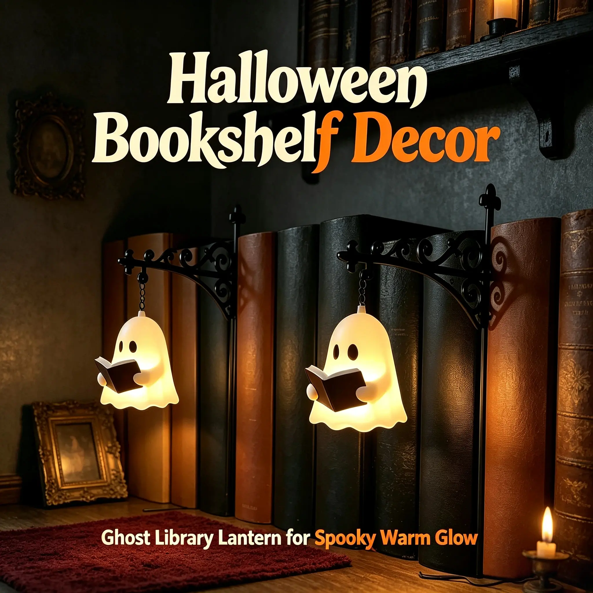 Whimsical Ghost Hanging Bookshelf Lantern Light - Bookend-Mounted Warm LED Night Lamp, Halloween Festive Home Decor, Book Lover Unique Gift