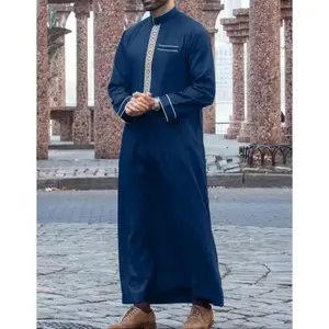 Elegant embroidered robe for men, long sleeves, polyester blend, stand collar, suitable for Ramadan and Eid celebrations; Muslim women’s clothing