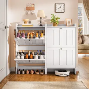 Gizoon Shoe Cabinet with Open Storage Shoe Storage Cabinet for Entryway Freestanding Narrow Rack with 2 Flip Drawers Space-Saving for Hallway Apartment Furniture Small Space Adjustable Shelf