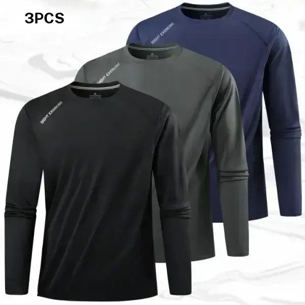 Three piece front and back letter print quick dry men's long sleeve, featuring a casual sports style, the long sleeve fits snugly and gently adapts to mild weather. The quick dry fabric is breathable and wicks sweat, providing a comfortable fit that doesn