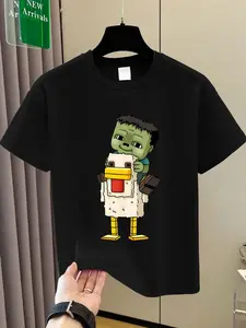 Boys' Summer Casual Cool Cartoon Zombie Chicken Race Print Short Sleeve T-Shirt, Comfortable Fit, Perfect for Daily Wear & Outdoor Activities, Funny Graphic Tee