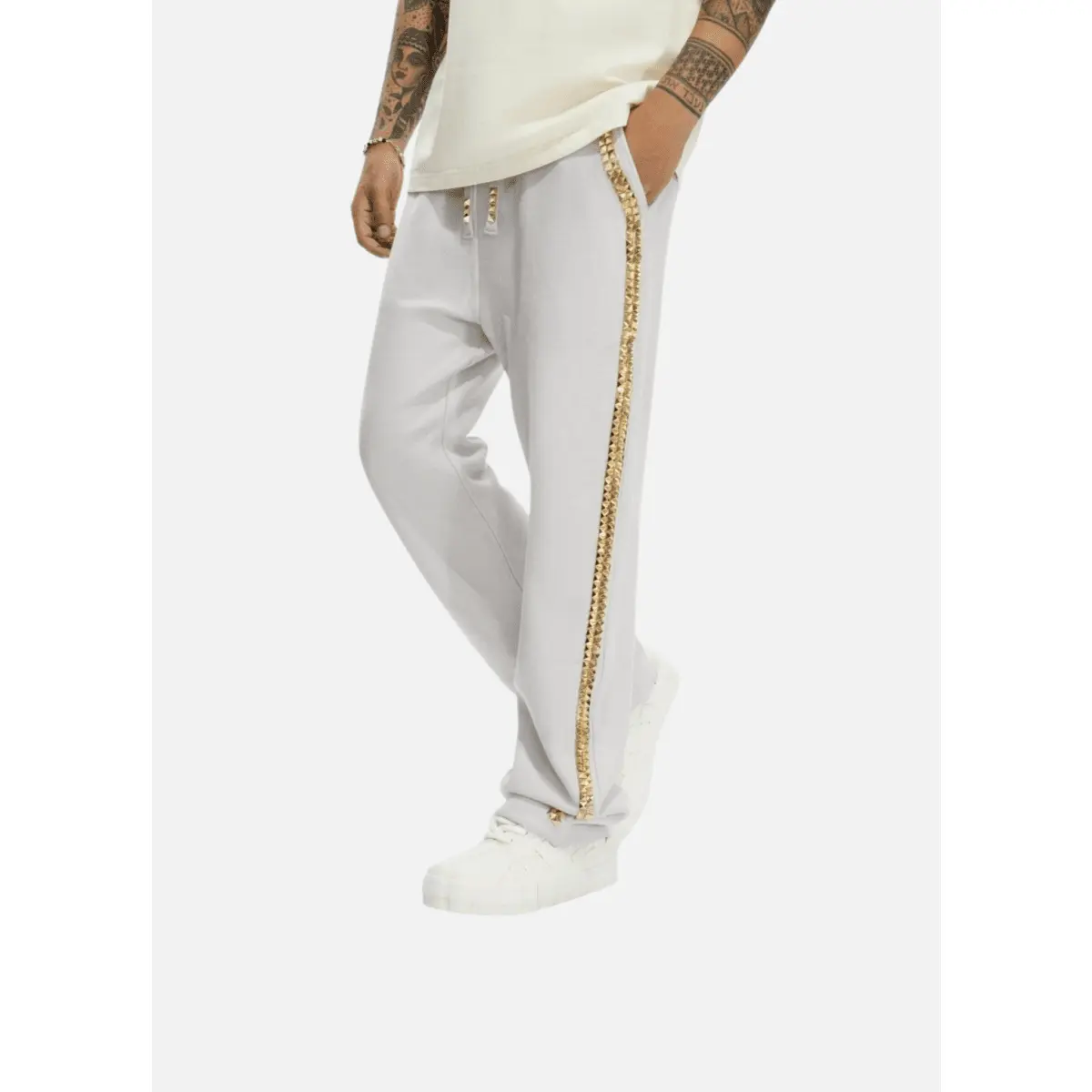 Unisex Light Grey Straight-Leg Pants in a Heavyweight Fleece Fabric - Casual Sporty Chic Style with Stud Trim, Menswear, Metallic, Clean Lines, Unisex Sizes, Drawstring, Solid, Accent Strip Men's Pants, Straight Pants