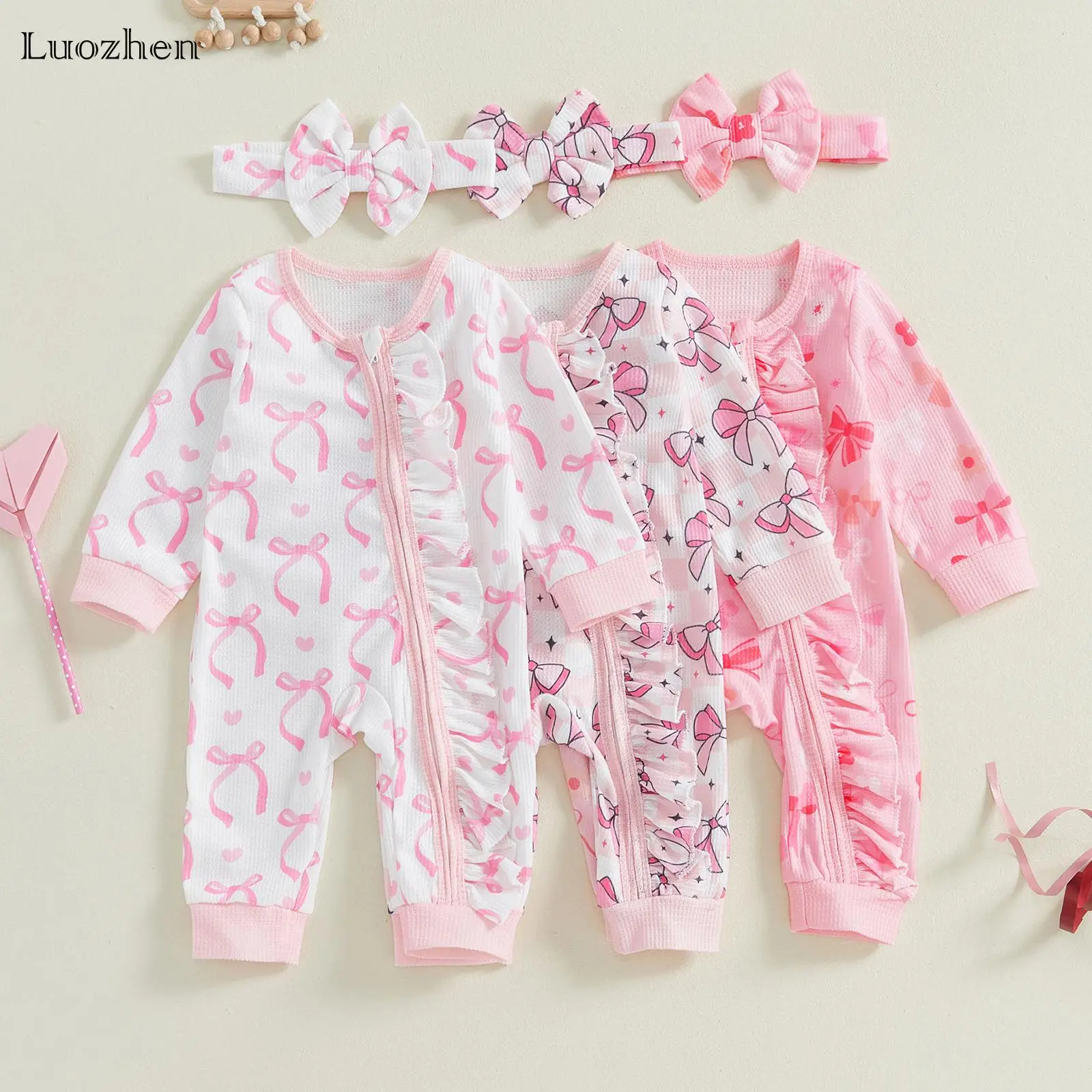 Newborn Girl Fall Waffle Romper Bow Print Long Sleeve Crew Neck Ruffled Zipper Jumpsuit with Headband