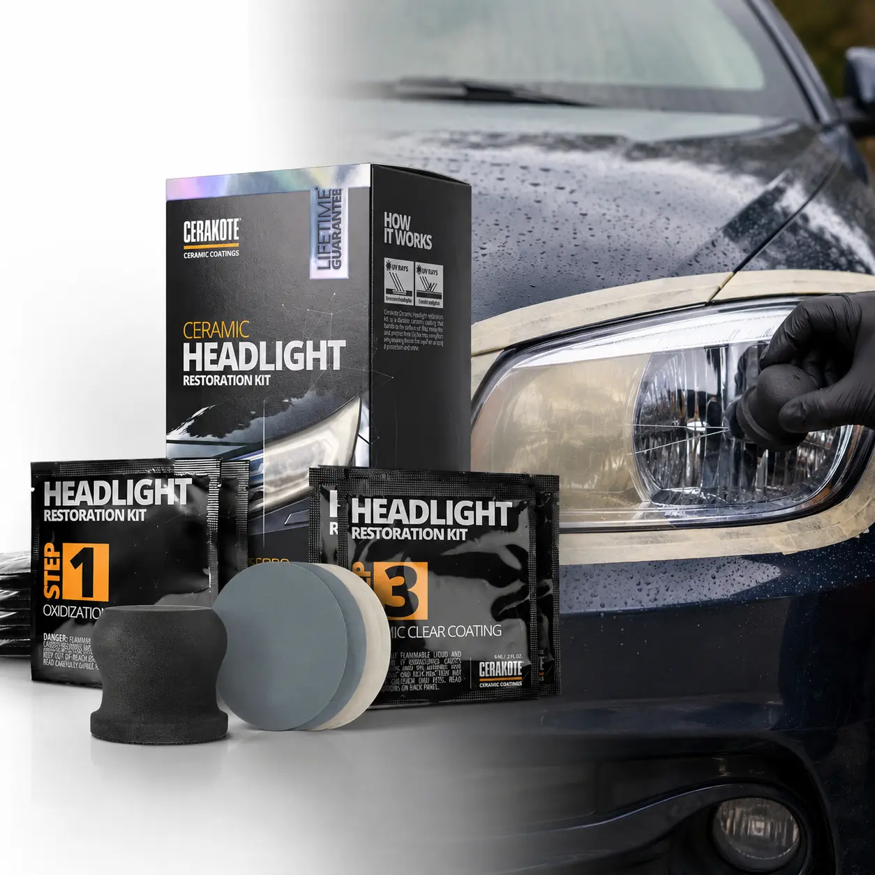 CERAKOTE Headlight Restoration Kit, Guaranteed to Last as Long as You Own Your Vehicle, 3 Easy Steps No Power Tools Required, Professional Ceramic Coating with UV Protection, DIY Headlight Fix. Quick And Easy