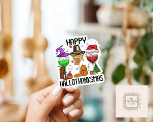 Happy Hallothanksmas Wine Sticker | Waterproof Vinyl Sticker
