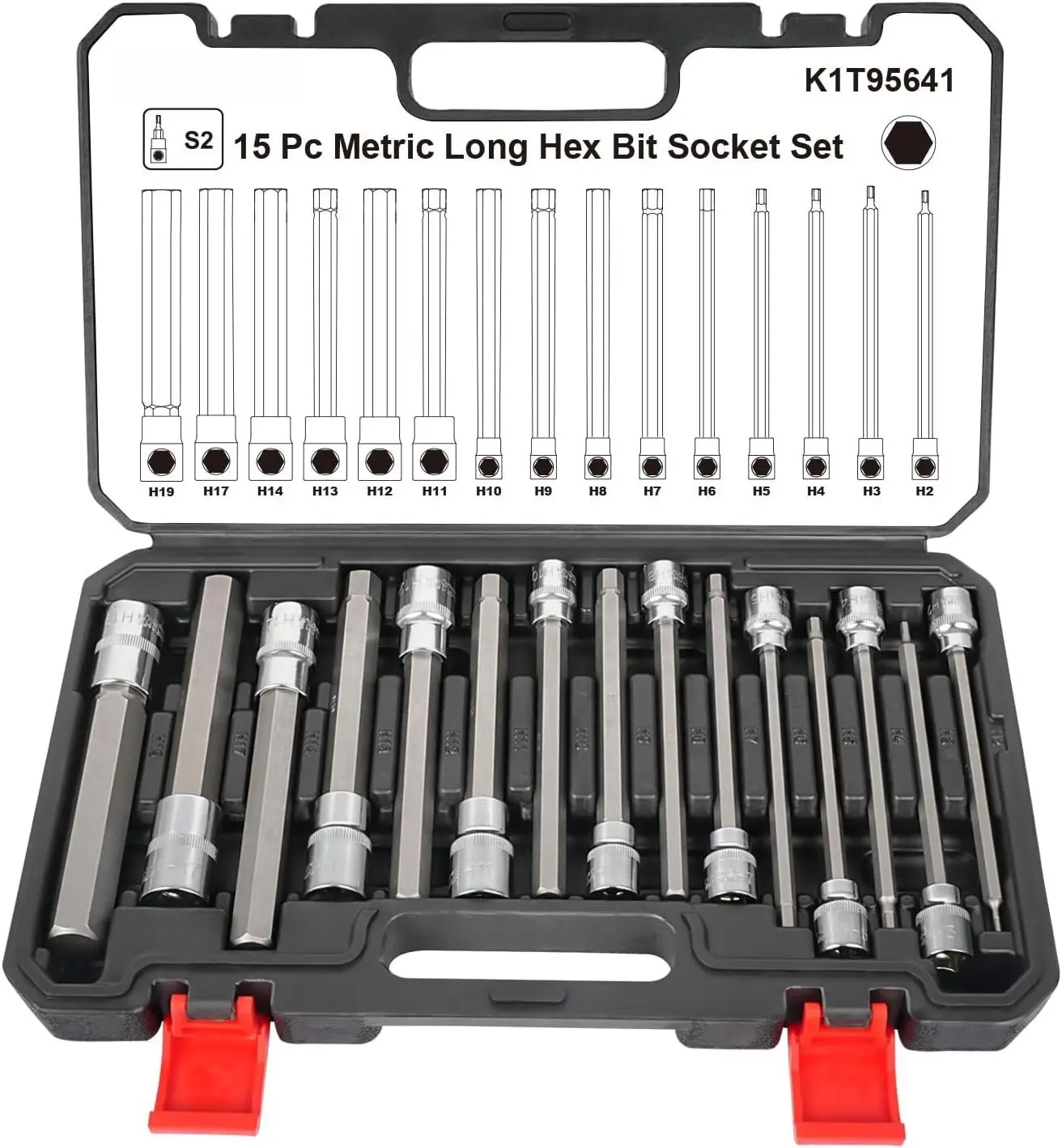 15-PC Metric Extra Long Chamfered Hex Bit Drive Sockets Set (2-19mm/H2-H19 Sizes), S2 Alloy Steel Chrome 3/8"-1/2" Drives, Elongated Bits, Large Markings, Rust-Resistant Durable Hand Tools for Wrenches, Lawn Equipment